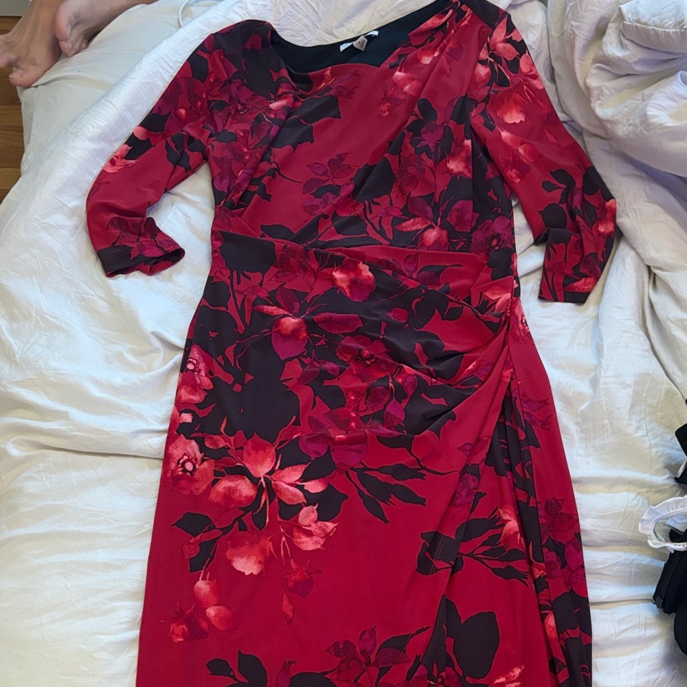 Red and Black Asymmetrical Ruffled Sheath Dress